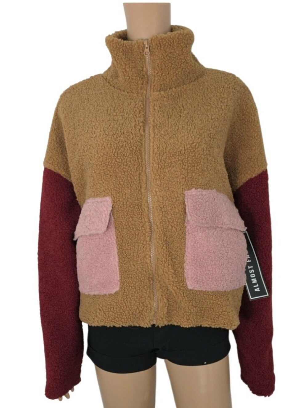 Almost Famous Colorblock Teddy Jacket in Brown, Pink & Burgundy Size L Large NWT